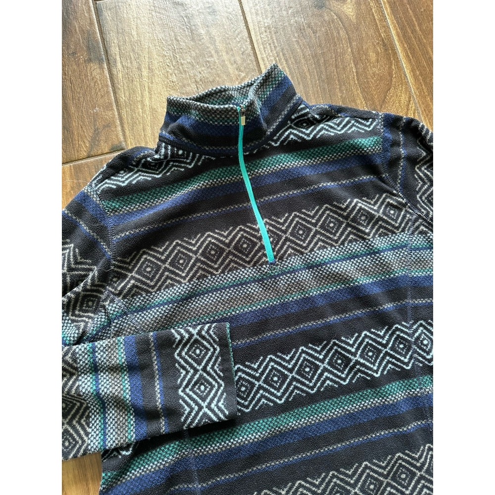 Eddie Bauer Womens LG Fleece Quarter Zip Pullover Geometric Fair Isle Navy‎ Teal